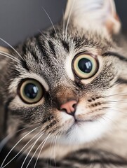 Poster - Adorable close up of a curious striped cat with large expressive eyes looking directly at the camera : Generative AI