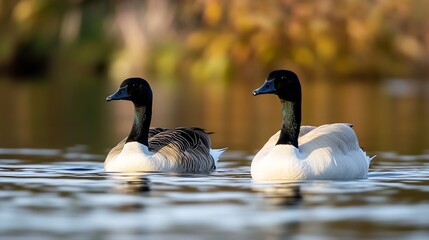 Poster - Two beautiful ducks swimming peacefully on a calm lake surrounded by picturesque autumn scenery : Generative AI