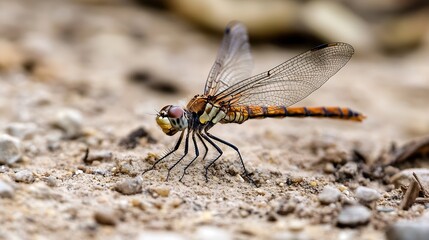 Aufkleber - Closeup view of a dragonfly perched on sandy ground highlighting its intricate details and vibrant colors : Generative AI