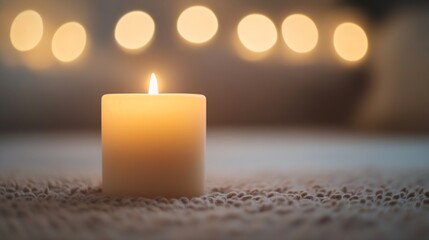 Fototapete - Serene burning candle on soft surface with warm glowing light for relaxation and ambiance : Generative AI