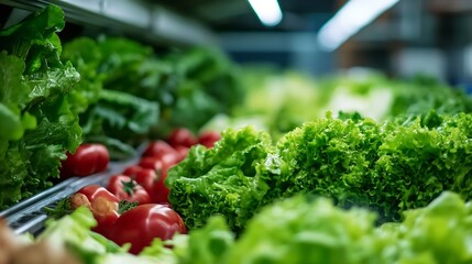 Poster - Fresh vibrant greens and red tomatoes beautifully displayed in a grocery store salad section : Generative AI