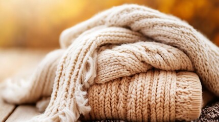 Aufkleber - Cozy Knit Sweater and Blanket Piled Together for a Warm Winter Vibe : Generative AI