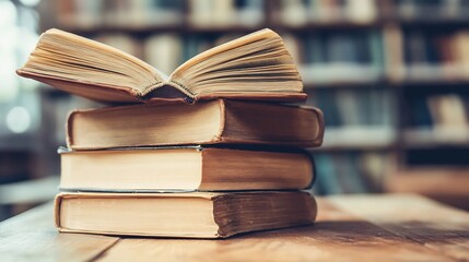 Poster - Stack of Vintage Books in a Cozy Library with Soft Lighting and Wooden Table : Generative AI