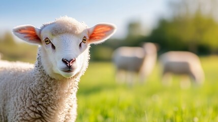 Poster - Cute fluffy lamb smiling in a green field with soft sunlight during spring in a tranquil countryside setting : Generative AI