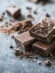 Aufkleber - Delicious Dark Chocolate Bars and Cracked Chocolate Pieces Piled on a Gray Surface Ready for Indulgence : Generative AI