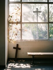 Poster - Sunlit Room with Cross and Natural Light Streaming Through Glass Window Creating Peaceful Atmosphere : Generative AI