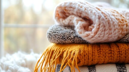 Poster - Neatly Stacked Soft Blankets in Warm Colors with Cozy Atmosphere : Generative AI