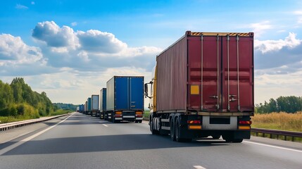 Poster - Streamlined convoy of cargo trucks traveling on the highway under clear blue skies showcasing logistics in motion : Generative AI