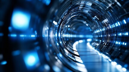 Poster - Futuristic tunnel with glowing blue lights and metallic surfaces creating a digital atmosphere : Generative AI
