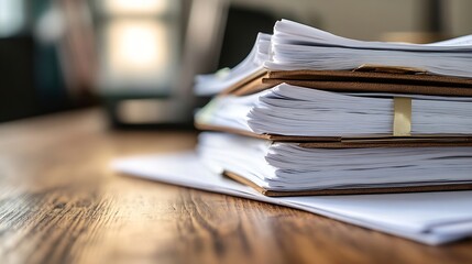 Poster - Stack of neatly organized paperwork on a wooden table indicating a busy office environment : Generative AI