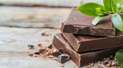 Aufkleber - Delicious dark chocolate bars stacked artistically with fresh green leaves in a rustic setting : Generative AI