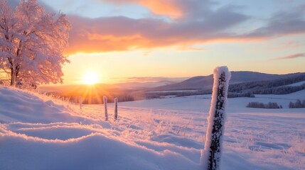 Aufkleber - Stunning winter landscape with sun rising over snowy fields and frosted trees creating a serene atmosphere : Generative AI