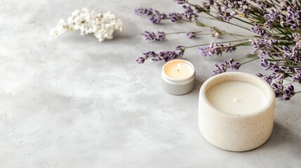 Poster - Aromatherapy Candles and Lavender Flowers on a Soft Gray Background for Relaxation : Generative AI