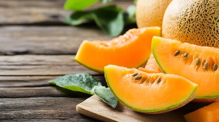 Poster - Freshly cut cantaloupe slices on wooden table with green leaves in the background : Generative AI