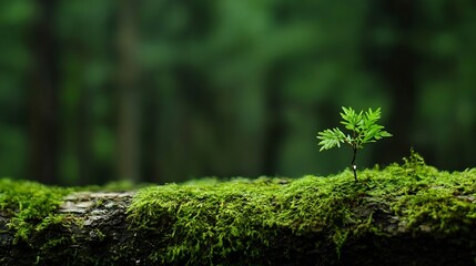 Poster - Small Green Sapling Growing on Moss Covered Log in a Dense Forest : Generative AI