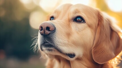 Poster - Adorable golden retriever dog portrait capturing its gentle nature and loving demeanor in a soft outdoor light : Generative AI