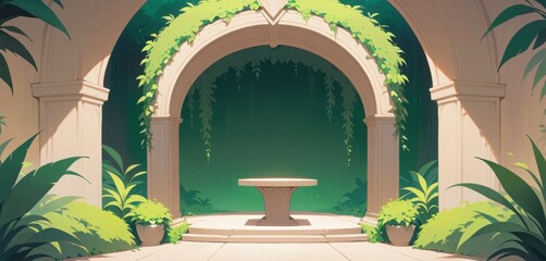 serene garden archway tabletop background - - whimsical/fantasy ill.