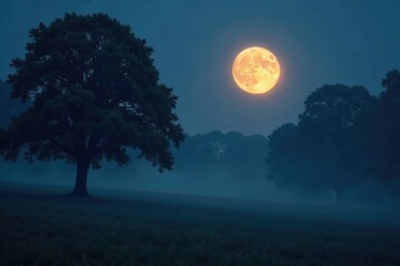 silvery light of full moon illuminates a calm forest at dusk, tree, forest, misty