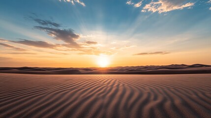 Poster - Dramatic desert landscape with rippling sand dunes and stunning sunset in the background : Generative AI