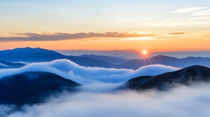 Poster - Stunning Mountain Landscape at Sunrise with Soft Clouds and Golden Light : Generative AI