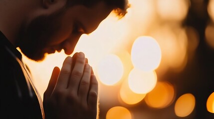 Aufkleber - Silhouette of a man praying with hands together against a blurred sunset background creating a warm atmosphere : Generative AI
