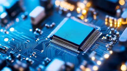 Aufkleber - Bright Computer Microchip on a Blue Circuit Board Showcasing Advanced Technology and Modern Electronics : Generative AI