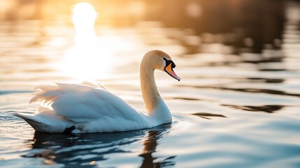 Poster - Elegant swan gliding on tranquil water at sunset capturing nature's beauty in stunning light : Generative AI