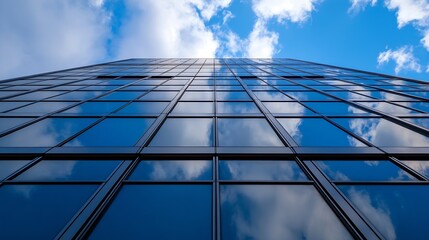 Aufkleber - Stunning skyscraper reflection in glass facade under a beautiful blue sky with clouds : Generative AI