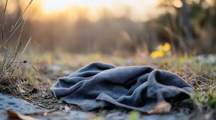Poster - Forgotten Blanket on Ground Surrounded by Nature with Soft Light and Gentle Bokeh : Generative AI