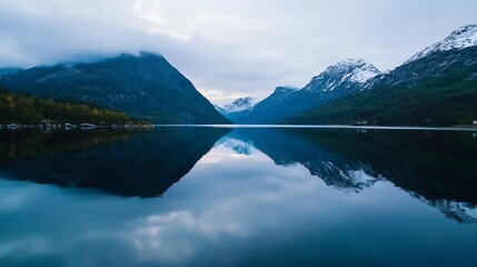 Aufkleber - Breathtaking view of serene lake reflecting majestic mountains under cloudy sky capturing the beauty of nature : Generative AI