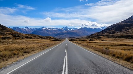 Aufkleber - Scenic View of a Long Stretch of Road Surrounded by Majestic Mountains and Open Fields : Generative AI