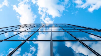 Aufkleber - Contemporary skyscraper facade reflecting clouds in the sky emphasizing modern architecture : Generative AI