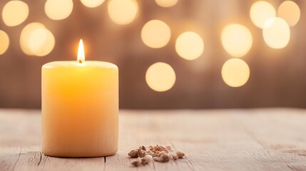 Leinwandbilder - Scented Candle Lit on Rustic Table with Warm Glow and Bokeh Background : Generative AI
