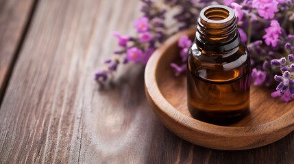 Aufkleber - Lavender Essential Oil in Glass Bottle with Purple Flowers on Wooden Table : Generative AI