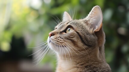 Poster - A close-up portrait of a curious tabby cat looking upward with bright green eyes surrounded by natural greenery : Generative AI