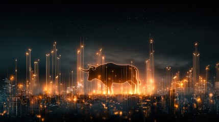 Poster - a striking illustration of a bull silhouette glowing against a vibrant neon cityscape, symbolizing d