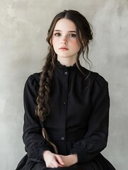 Leinwandbilder - Young woman with long braided hair in inspired vintage attire against a plain backdrop : Generative AI