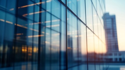 Fototapete - CloseUp View of a Modern Office Building Glass Facade During Sunset : Generative AI