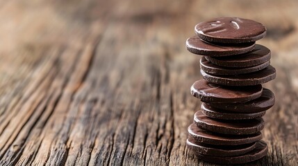 Aufkleber - Delicious Dark Chocolate Coins Stacked on Rustic Wooden Background : Generative AI