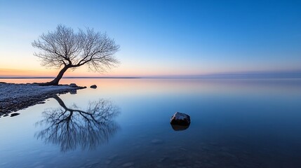Poster - Isolated Tree Silhouette on a Calm Water Surface at Dusk with Reflection : Generative AI
