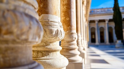 Fototapete - Close Up Of Vintage Stone Columns In A Historic Courtyard Under Blue Sky : Generative AI