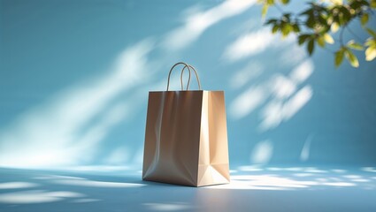 Poster - shopping bag rests on a blue surface, illuminated by gentle sunlight and soft shadows from greenery 
