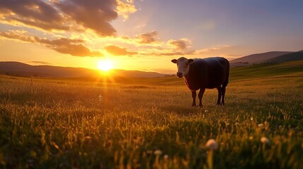 Aufkleber - Idyllic countryside scene with a cow grazing in a sunlit field during a vibrant sunset : Generative AI