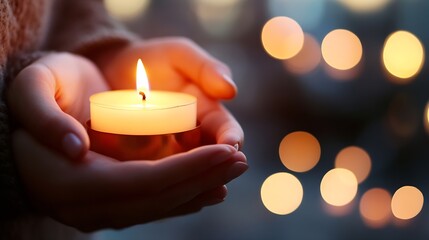 Poster - Candle in Hands with Warm Glow Creating Cozy and Intimate Atmosphere : Generative AI