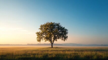 Poster - Solitary tree in a golden field at dawn creating a captivating silhouette against a misty backdrop : Generative AI