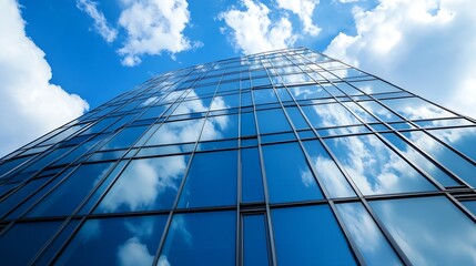 Aufkleber - Modern skyscraper façade against a vibrant blue sky reflecting clouds for urban architectural design : Generative AI