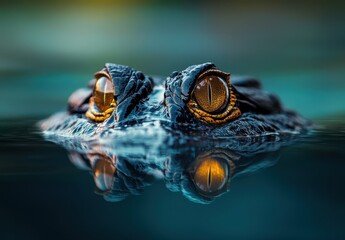 Poster - Close-Up of Alligator Snapping Turtle Emerging from Water with Reflective Surface and Intricate Eye Details Captured in Stunning Photographic Clarity