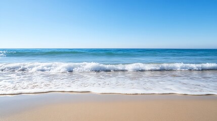 Aufkleber - Calm ocean waves gently rolling onto a sandy beach under a clear blue sky on a sunny day : Generative AI