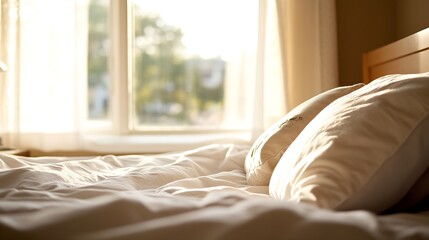 Aufkleber - Bright and Airy Bedroom with Soft Pillows and Warm Sunlight Streaming Through Windows : Generative AI