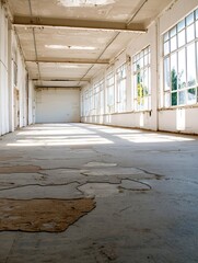 Leinwandbilder - Interior view of an abandoned industrial space with large windows and peeling walls showcasing natural light : Generative AI